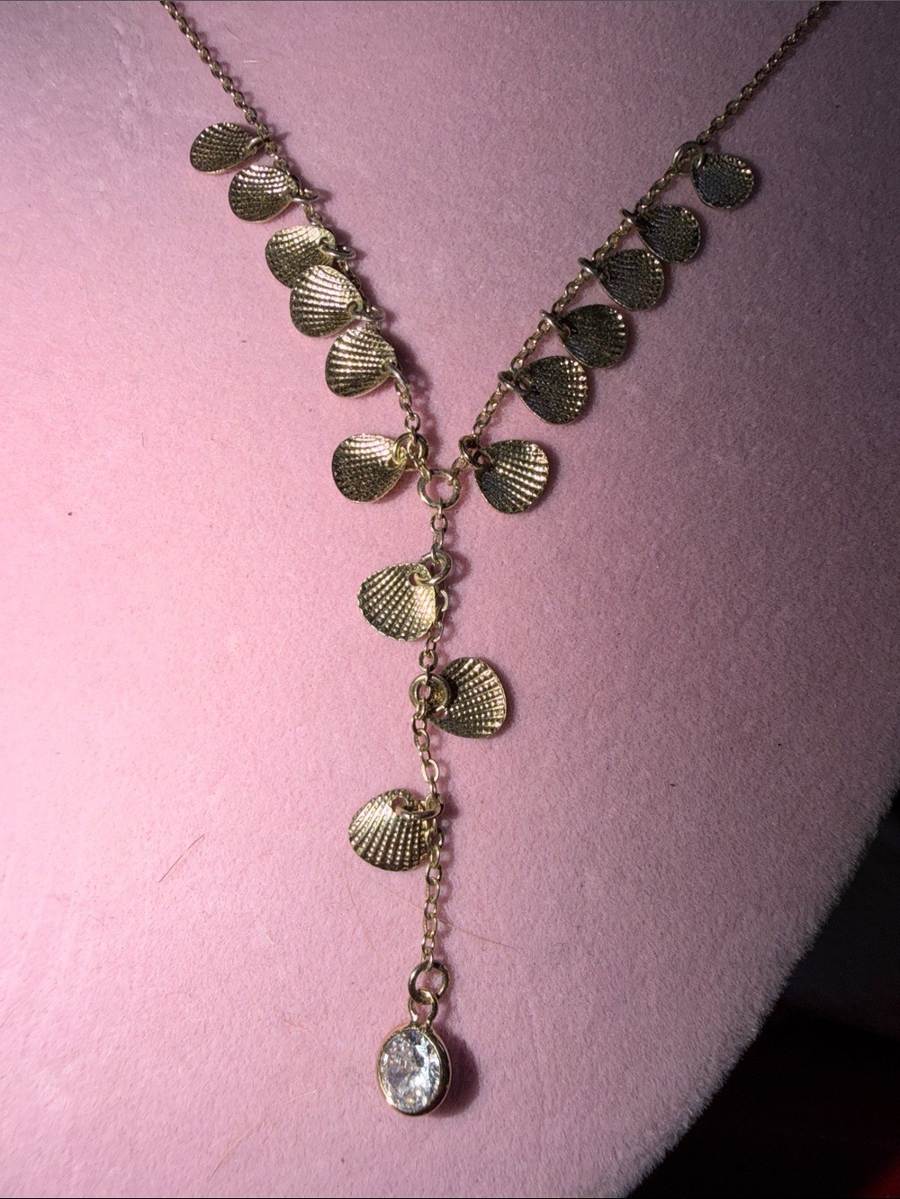 Gold Tone Shell Charm Y-Style 16”+3” extension Necklace, 3”Crystal Drop, (J0225)